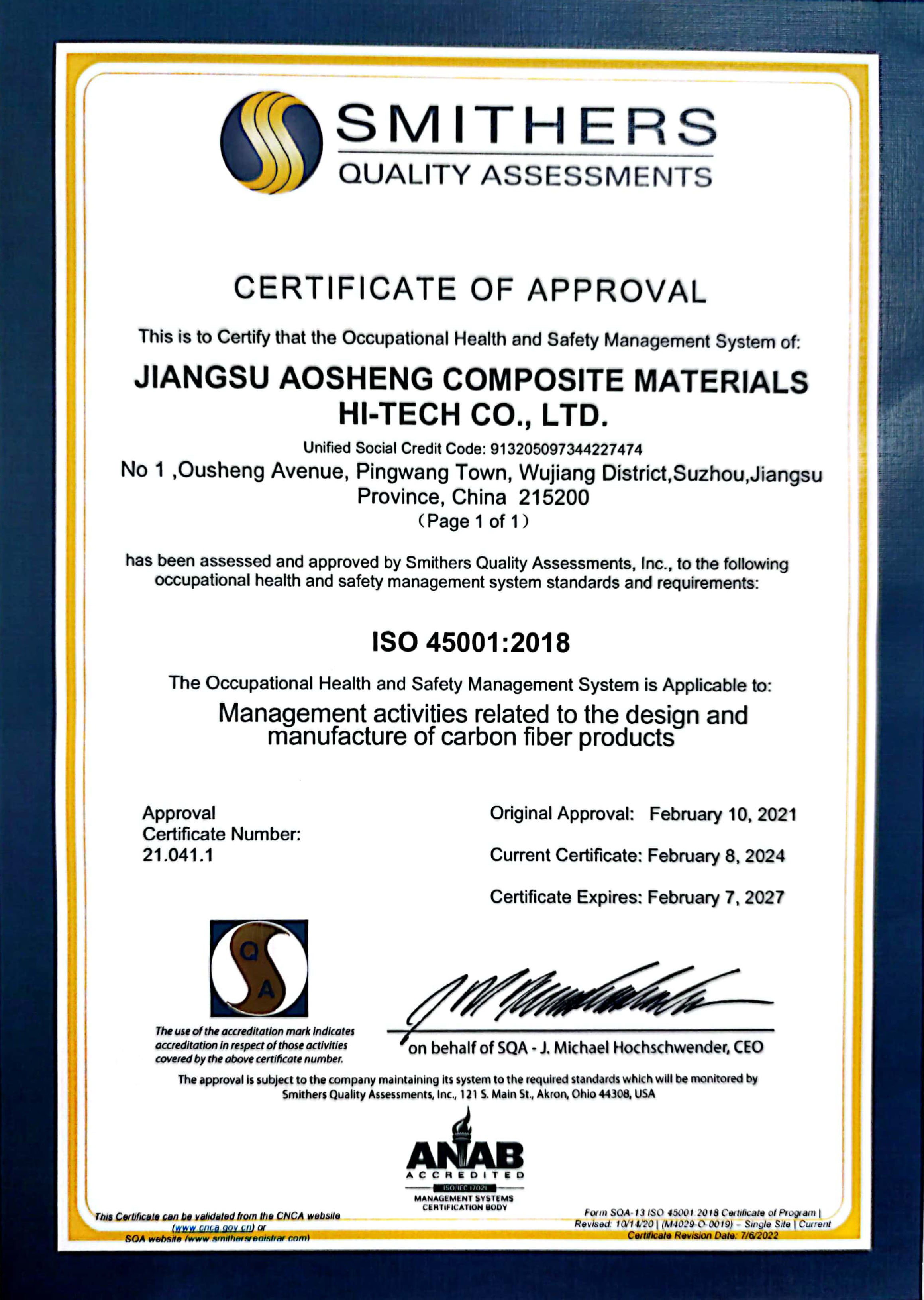 45001 CERTIFICATE OF APPROVAL