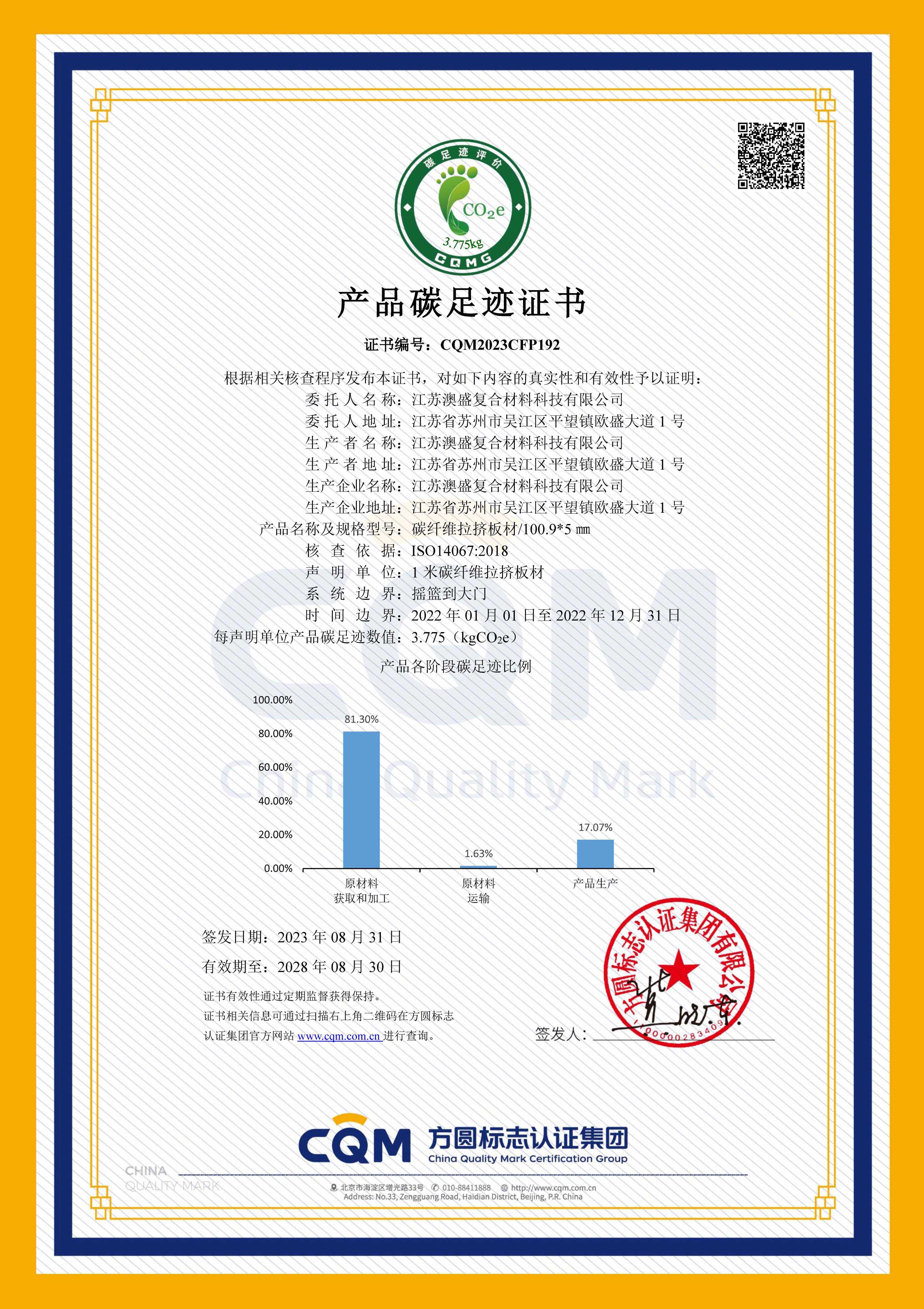 Product carbon footprint certificate